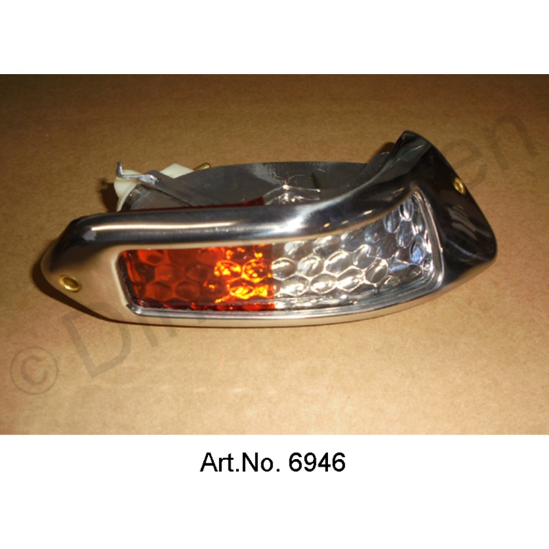 Feu clignotant Pallas, blanc-orange, droite, jusqu'en 1967, avec cadre en chrome, reproduction