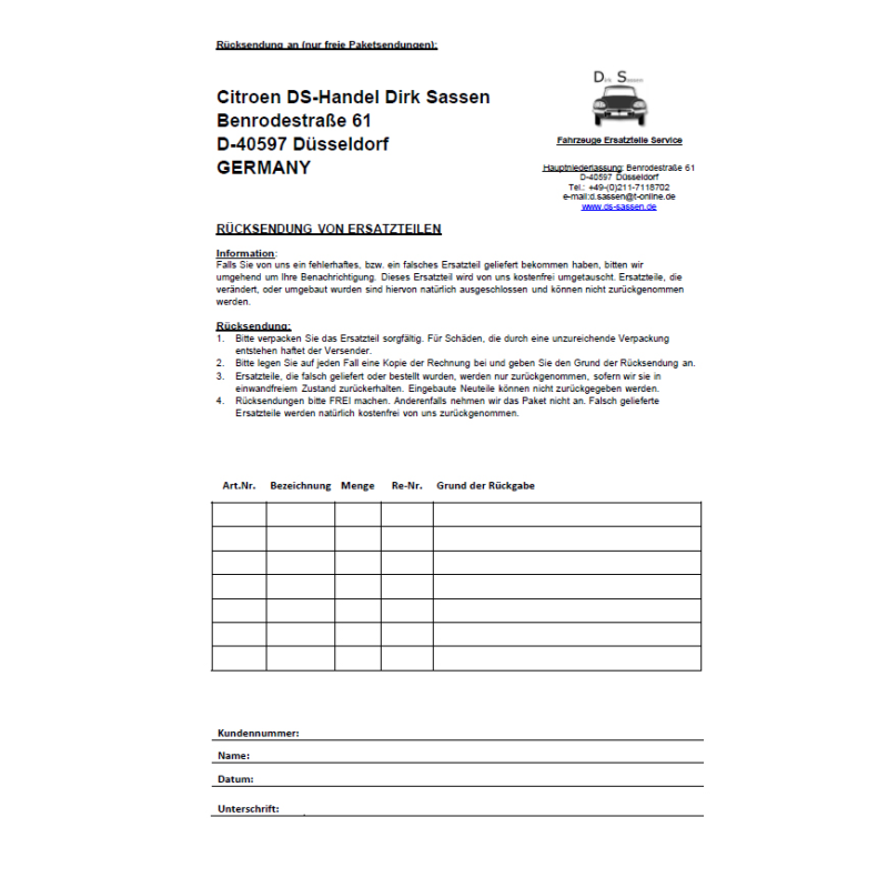 Form for returning spare parts (German)